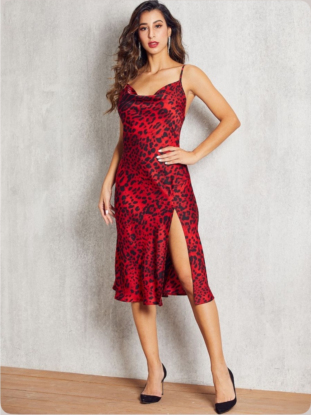 Red Leopard Print Slip Thigh Cami Dress
